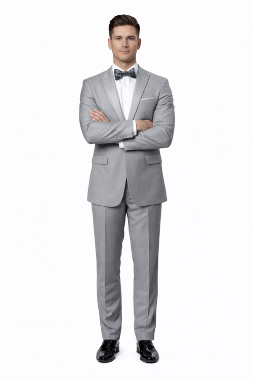 Men's Slim Fit One Button Satin Trim Peak Lapel Prom & Wedding Flat Front Pants Tuxedo In Light Grey