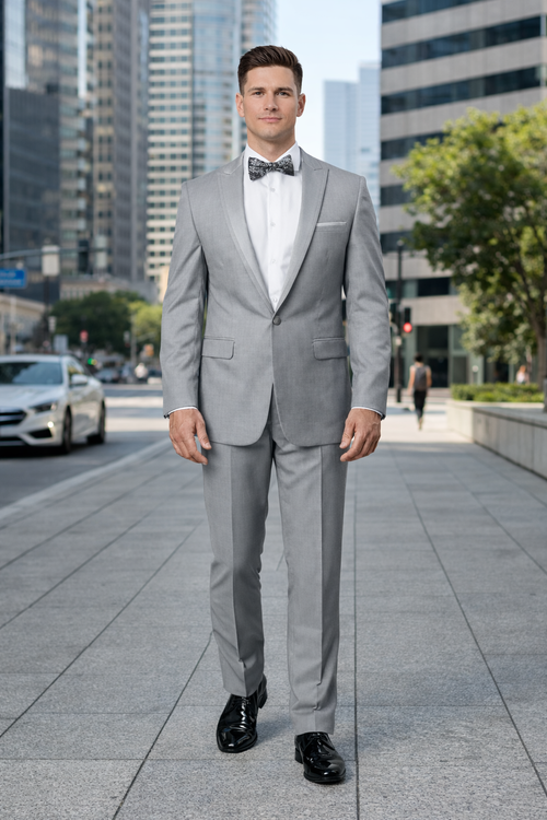 Men's Slim Fit One Button Satin Trim Peak Lapel Prom & Wedding Flat Front Pants Tuxedo In Light Grey