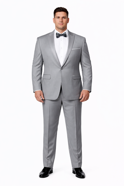 Men's Slim Fit One Button Satin Trim Peak Lapel Prom & Wedding Flat Front Pants Tuxedo In Light Grey