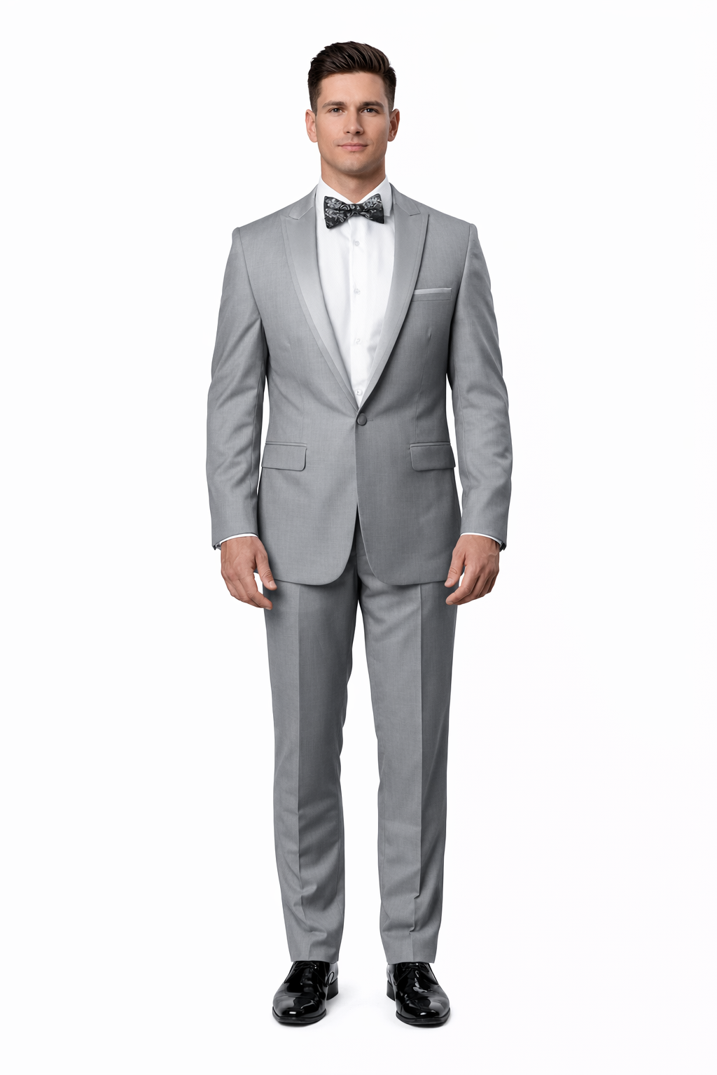Men's Slim Fit One Button Satin Trim Peak Lapel Prom & Wedding Flat Front Pants Tuxedo In Light Grey