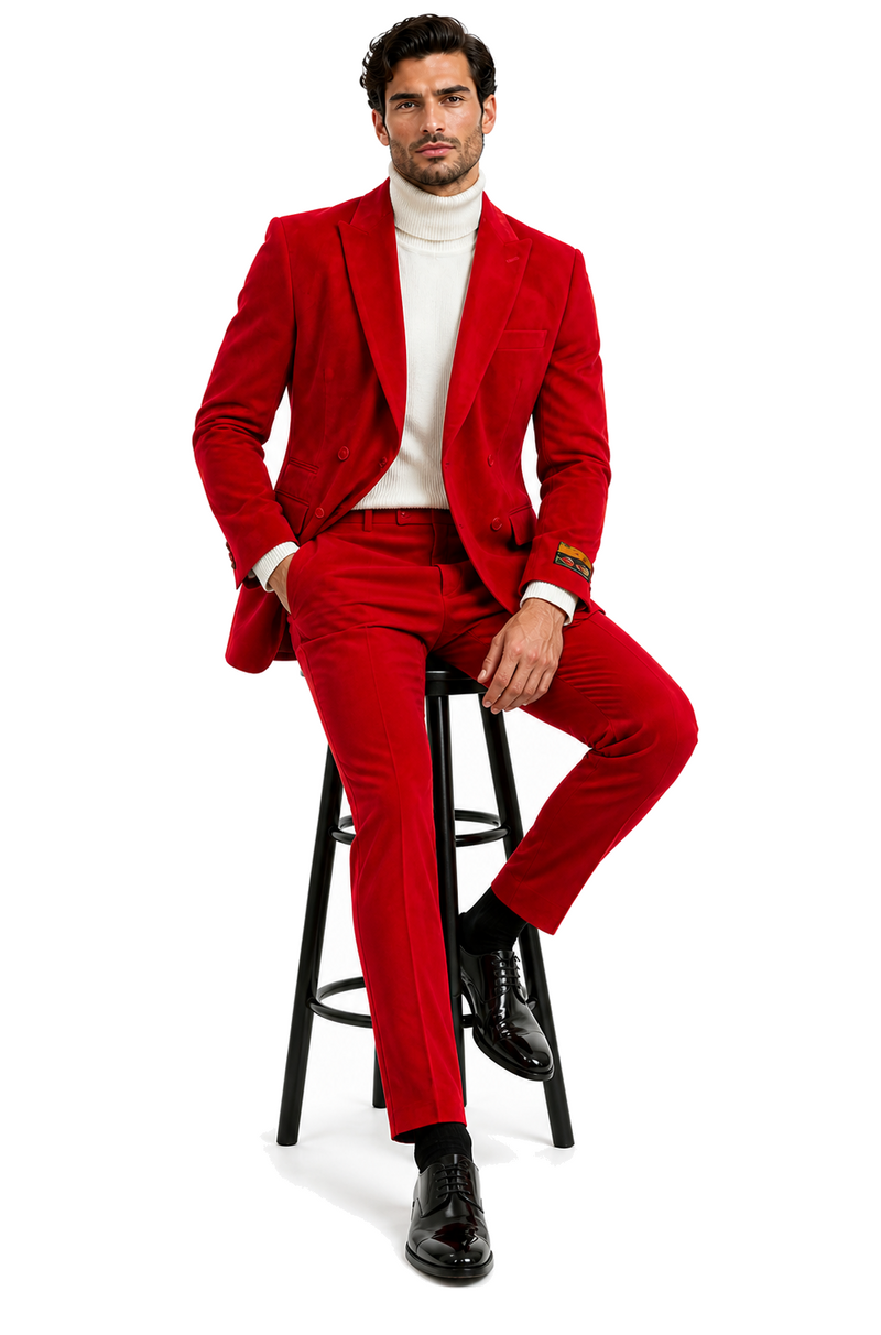 Mens Slim Fit Red Velvet Double Breasted Suit with Peak Lapel – Formal Tuxedo Style