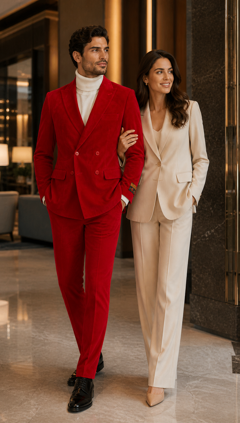 Mens Slim Fit Red Velvet Double Breasted Suit with Peak Lapel – Formal Tuxedo Style
