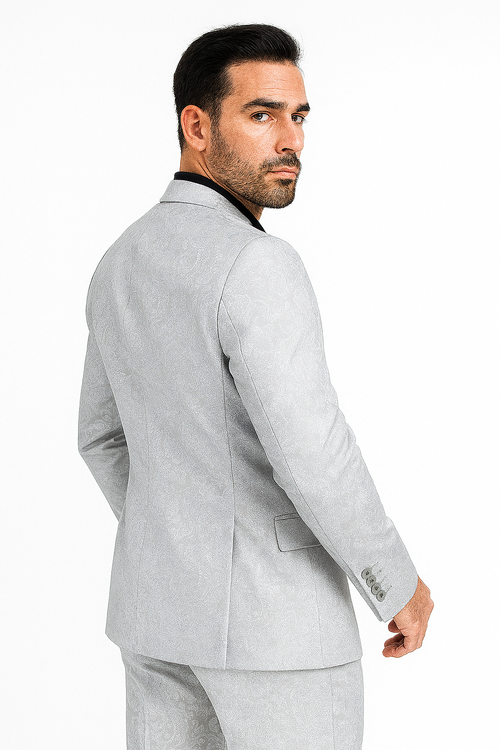 Mens Slim Fit Shiny Paisley Prom & Silver Grey Wedding Suit