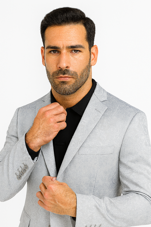 Mens Slim Fit Shiny Paisley Prom & Silver Grey Wedding Suit