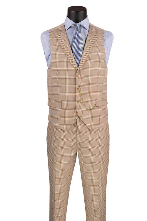 Beige, slim-fit wedding suit. Glen plaid pattern. Vested design with a sleeveless vest and matching trousers. Elegant and classic.