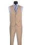 Beige, slim-fit wedding suit. Glen plaid pattern. Vested design with a sleeveless vest and matching trousers. Elegant and classic.
