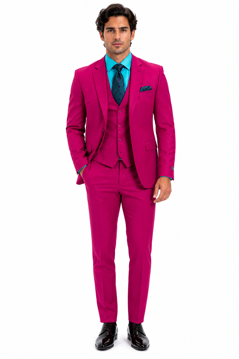 Mens Slim Fit Vested Suit - Slim Fit 3 Pieces Fuchsia Suit