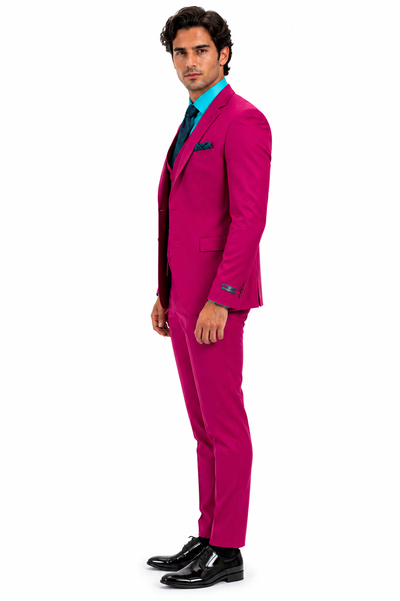 Mens Slim Fit Vested Suit - Slim Fit 3 Pieces Fuchsia Suit