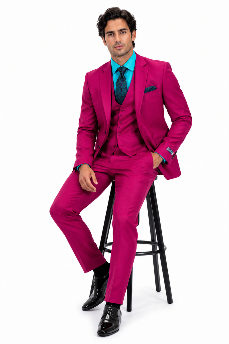 Mens Slim Fit Vested Suit - Slim Fit 3 Pieces Fuchsia Suit
