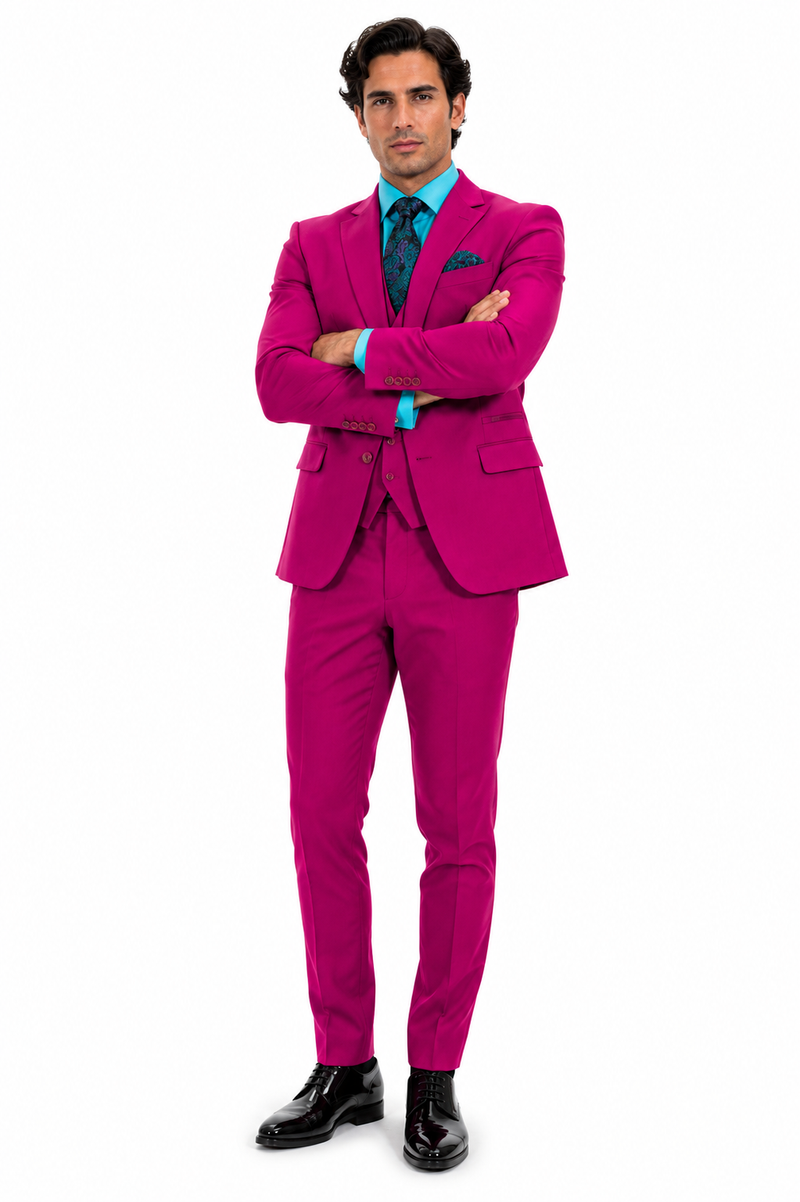 Mens Slim Fit Vested Suit - Slim Fit 3 Pieces Fuchsia Suit