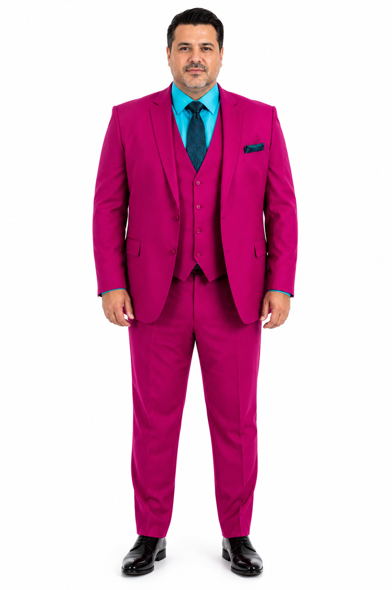 Mens Slim Fit Vested Suit - Slim Fit 3 Pieces Fuchsia Suit
