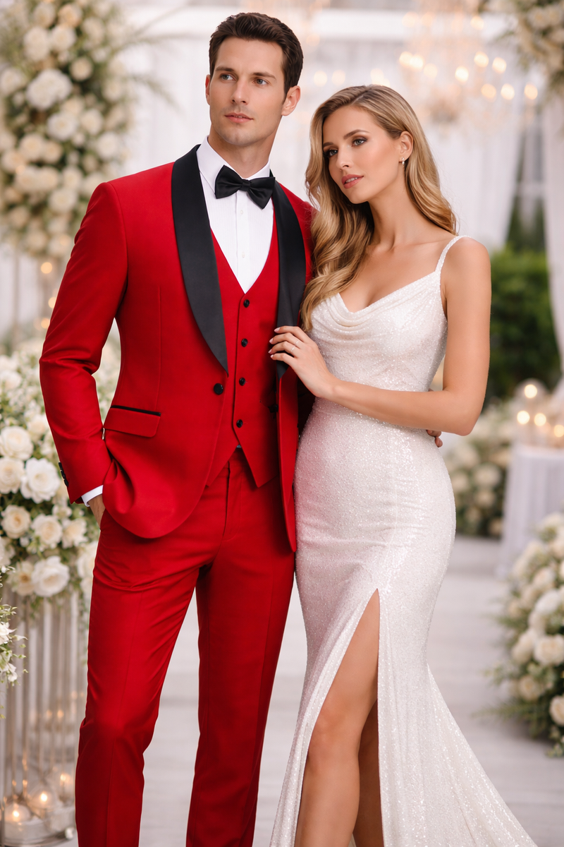 Mens Stacy Adams Suit - Stacy Adams Suit Men's Designer Red Tuxedo with Vested One Button Shawl Lapel