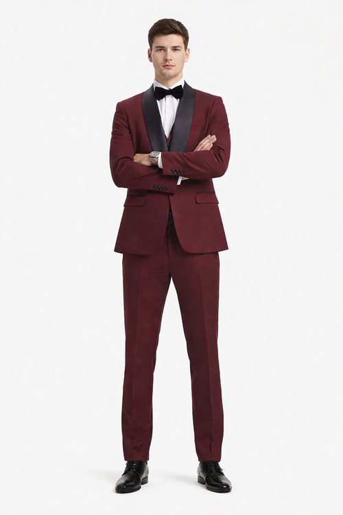 Mens Stacy Adams Suit - Stacy Adams Suit Men's Designer Tuxedo - Vested One Button Shawl Lapel in Burgundy