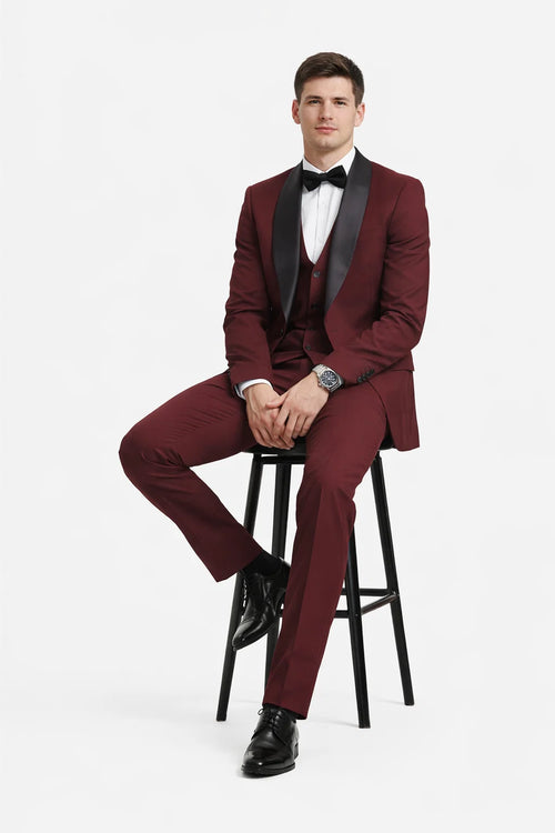 Mens Stacy Adams Suit - Stacy Adams Suit Men's Designer Tuxedo - Vested One Button Shawl Lapel in Burgundy