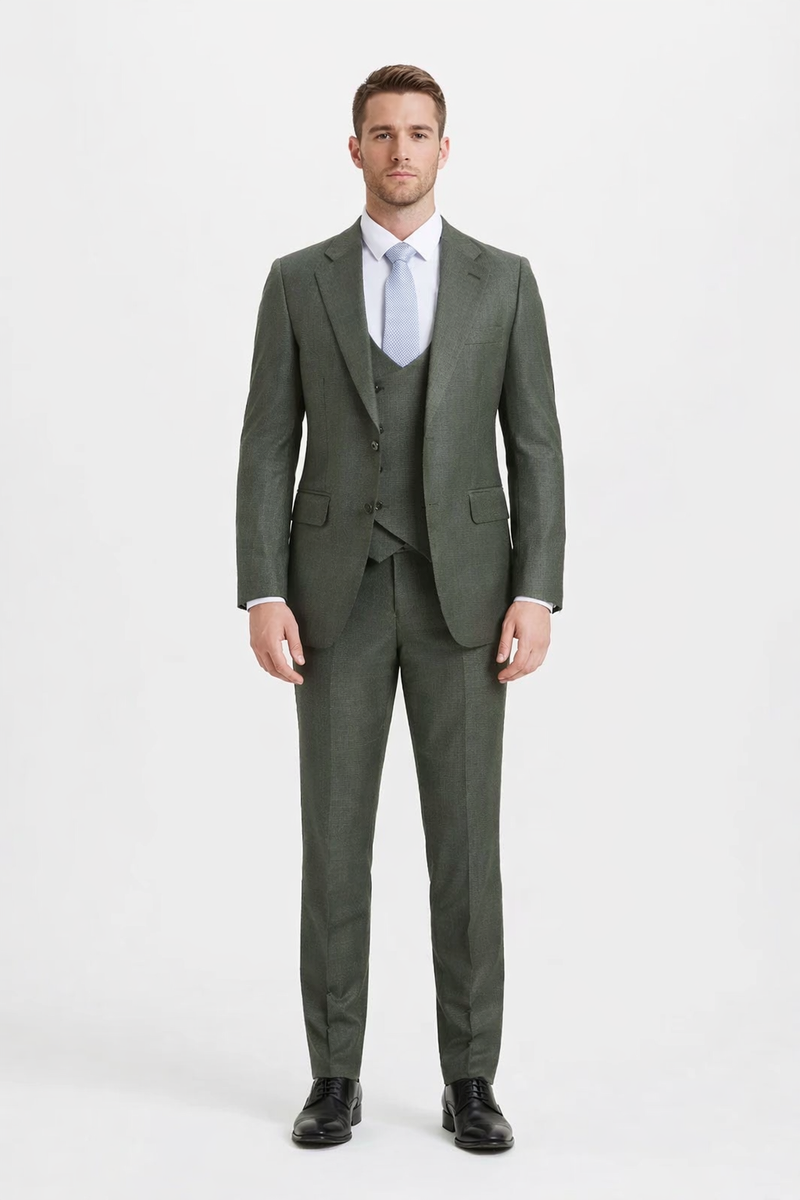 Mens Stacy Adams Suit - Stacy Adams Suit Men's Sharkskin Suit - Olive Green, Two Button Vested Design