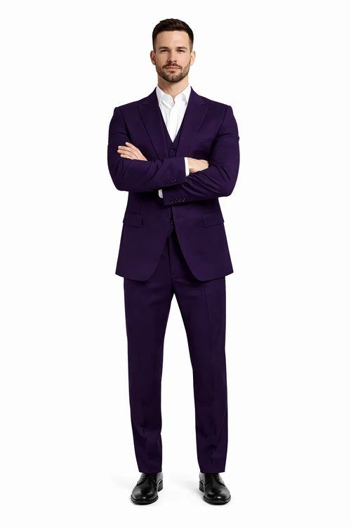 Mens Stacy Adams Suits - Designer Suit - 3 Piece Suit - Vested Suit - Flat Front Pant- Modern Fit Suits Eggplant Suit