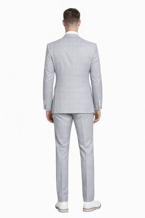Men's Stacy Adams Vested Peak Lapel Baby Blue Plaid Prom & Wedding Suit
