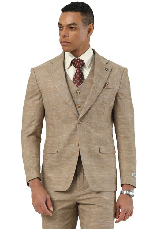 Tan wedding suit with sharkskin pattern. Vested design with structured blazer (two pockets, single button), matching pants, and a five-button vest. Includes light shirt & patterned tie.