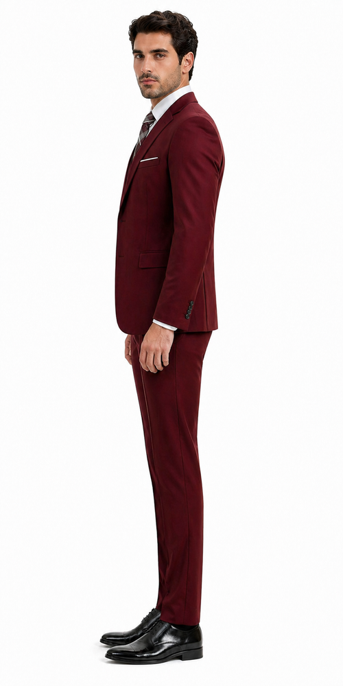 Men's Suit Ticket Pocket 3 Pocket Mehroon Suit With Double Breasted Vest 100% Wool