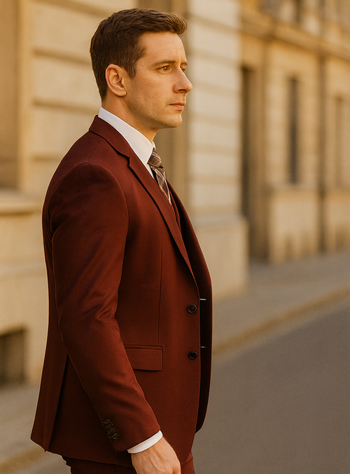 Men's Suit Ticket Pocket 3 Pocket Mehroon Suit With Double Breasted Vest 100% Wool