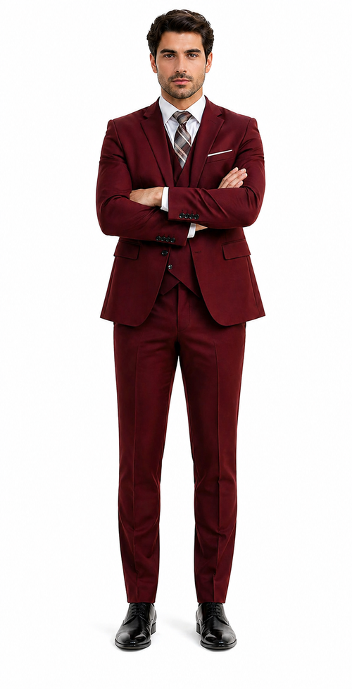 Men's Suit Ticket Pocket 3 Pocket Mehroon Suit With Double Breasted Vest 100% Wool