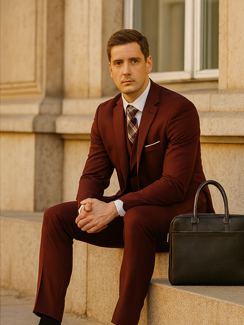 Men's Suit Ticket Pocket 3 Pocket Mehroon Suit With Double Breasted Vest 100% Wool