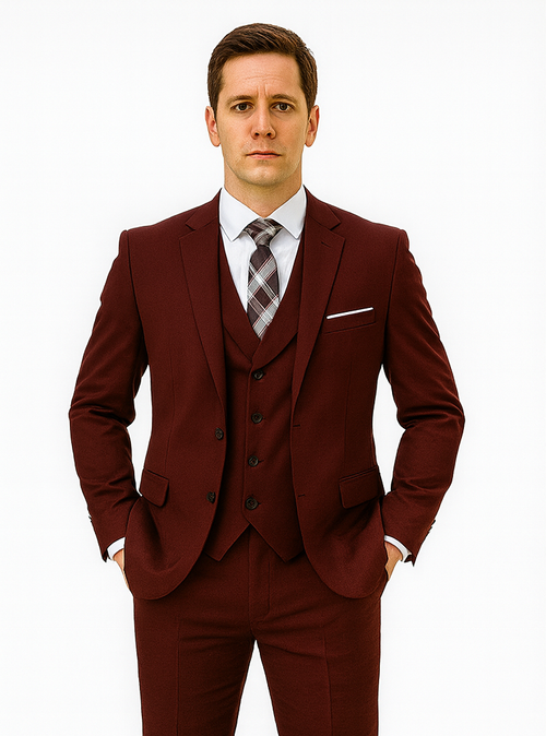 Men's Suit Ticket Pocket 3 Pocket Mehroon Suit With Double Breasted Vest 100% Wool