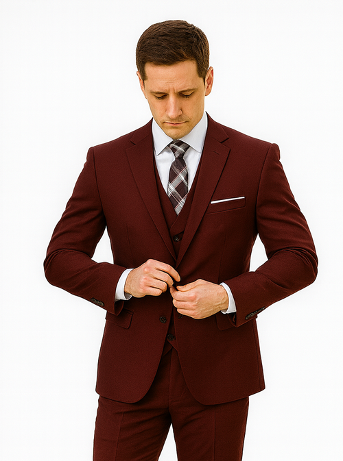 Men's Suit Ticket Pocket 3 Pocket Mehroon Suit With Double Breasted Vest 100% Wool