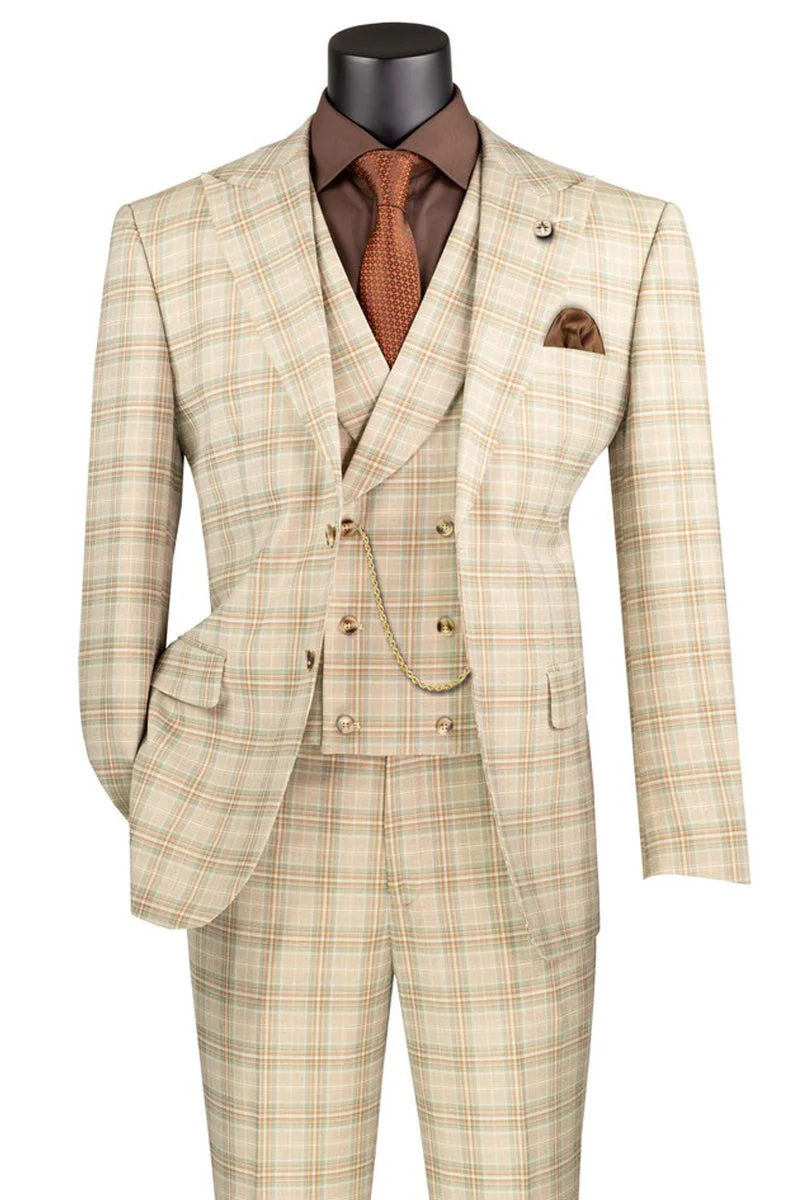 Light beige Marc Darcy wedding suit with summer windowpane plaid. Includes double-breasted jacket, vest (chain detail), trousers. Lightweight, breathable fabric. Pocket square. Subtle orange/green hues.