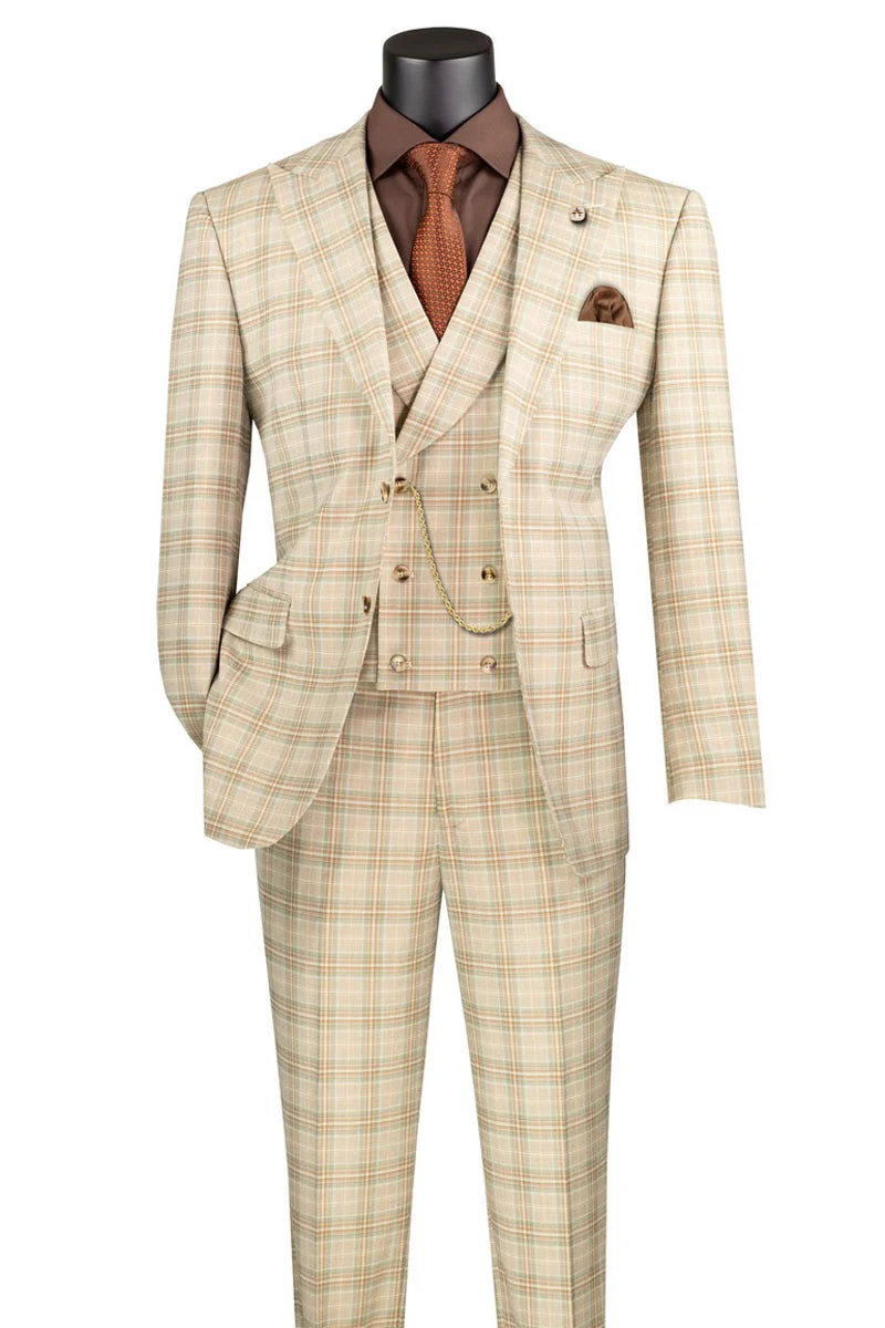 Marc Darcy wedding suit: Light beige windowpane plaid with orange/green accents. Tailored blazer, double-breasted vest, matching trousers. Includes brown shirt, patterned tie, pocket square. Structured fit, sharp lapels, relaxed silhouette.
