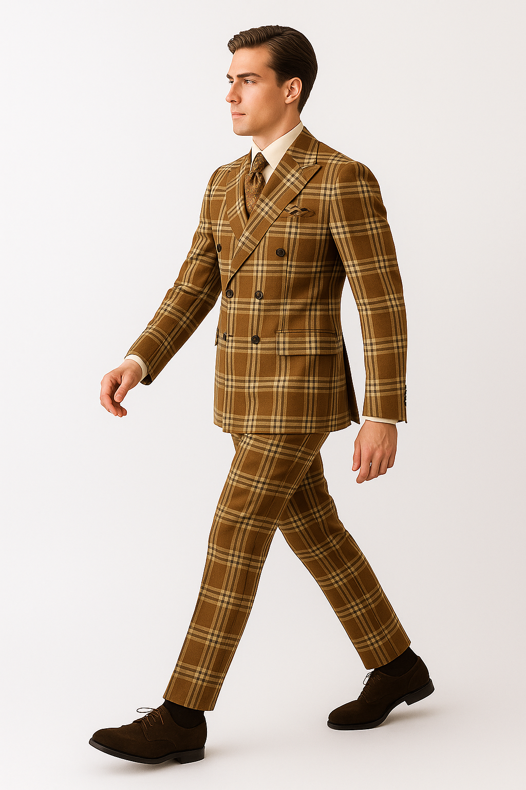 "Men's Double Breasted Wool Suit, Three Quarter Length, Tan & Brown Windowpane Plaid"