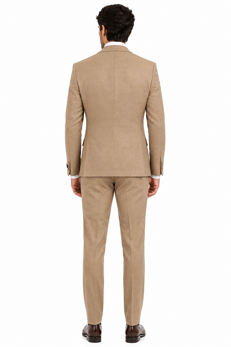 Men’s Tan Plaid 3-Piece Tailored Fit Suit with Vest
