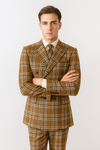 "Men's Double Breasted Wool Suit, Three Quarter Length, Tan & Brown Windowpane Plaid"