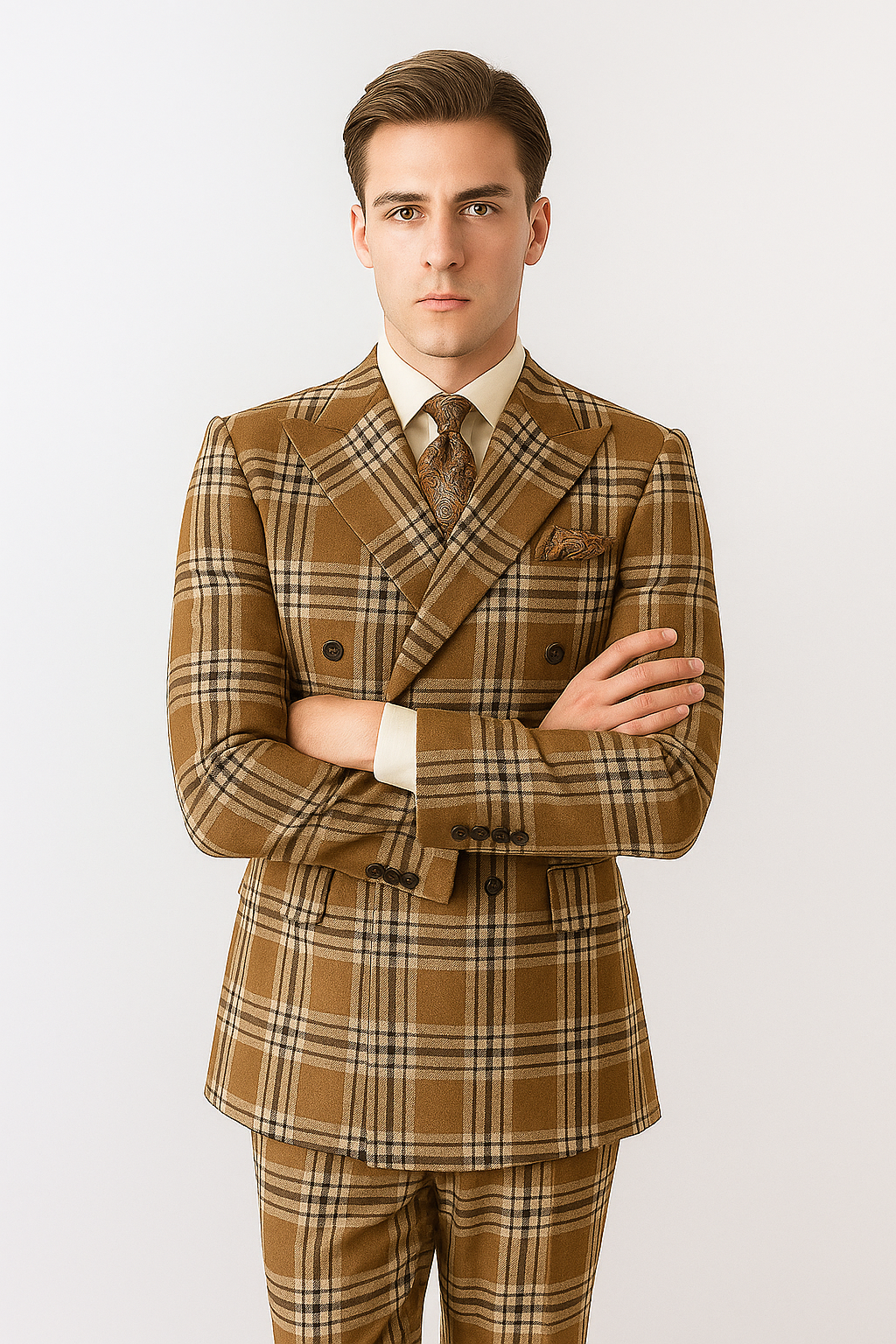 "Men's Double Breasted Wool Suit, Three Quarter Length, Tan & Brown Windowpane Plaid"