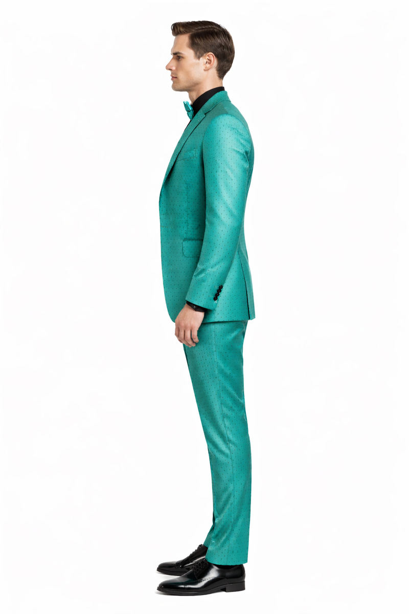 Men's Teal Green Polka Dot Tuxedo with Matching Vest and Bow Tie