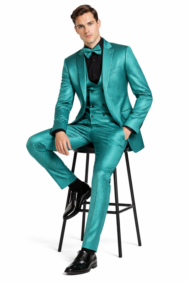 Men's Teal Green Polka Dot Tuxedo with Matching Vest and Bow Tie