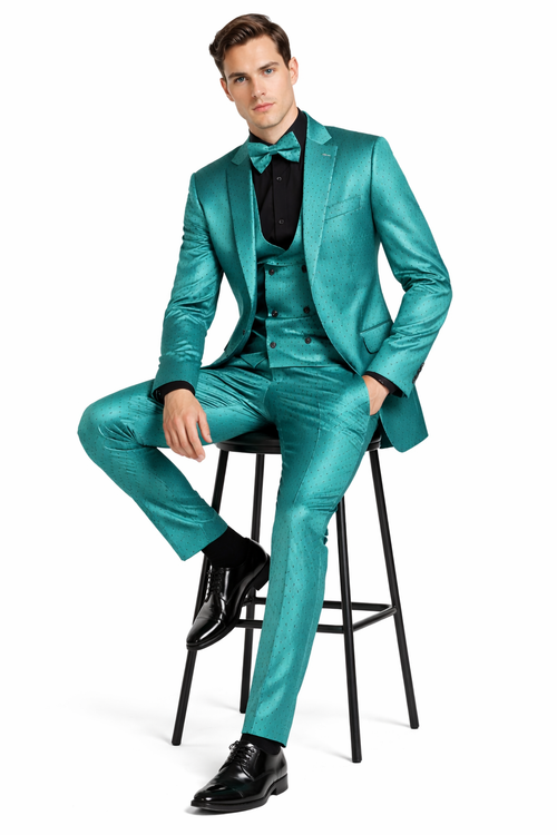Men's Teal Green Polka Dot Tuxedo with Matching Vest and Bow Tie