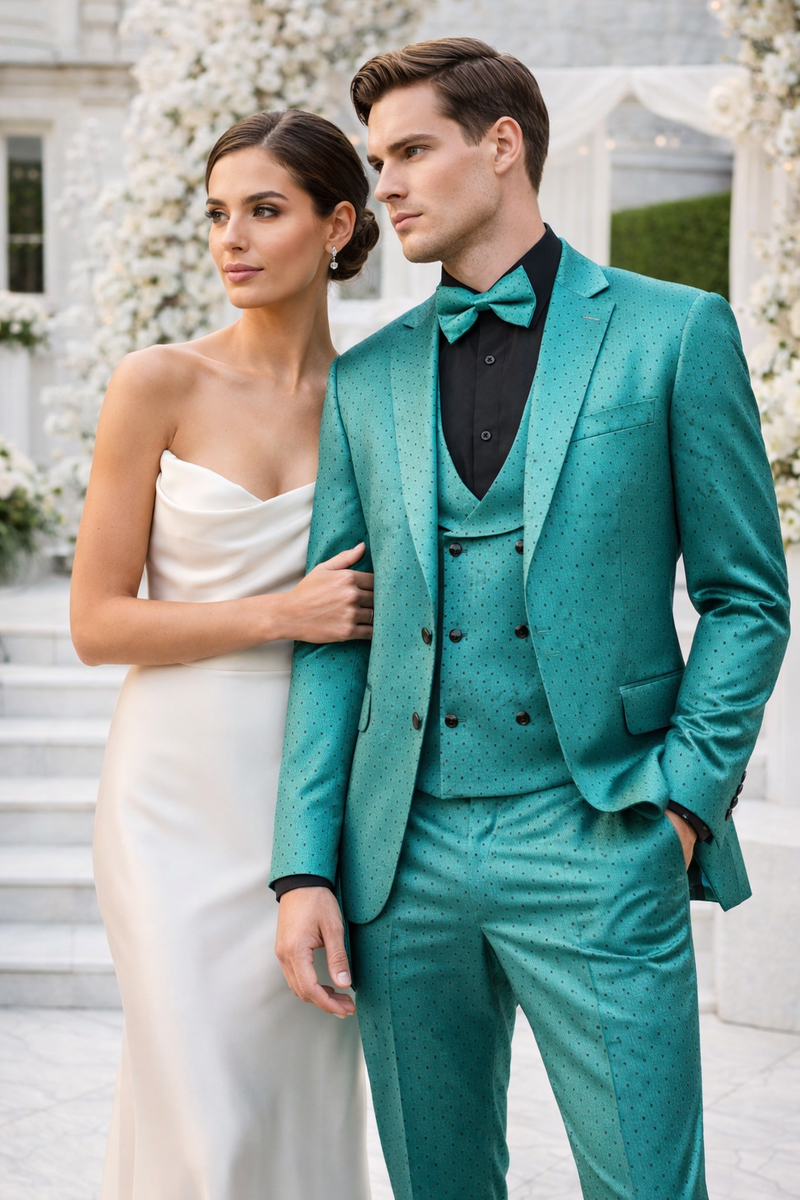 Men's Teal Green Polka Dot Tuxedo with Matching Vest and Bow Tie