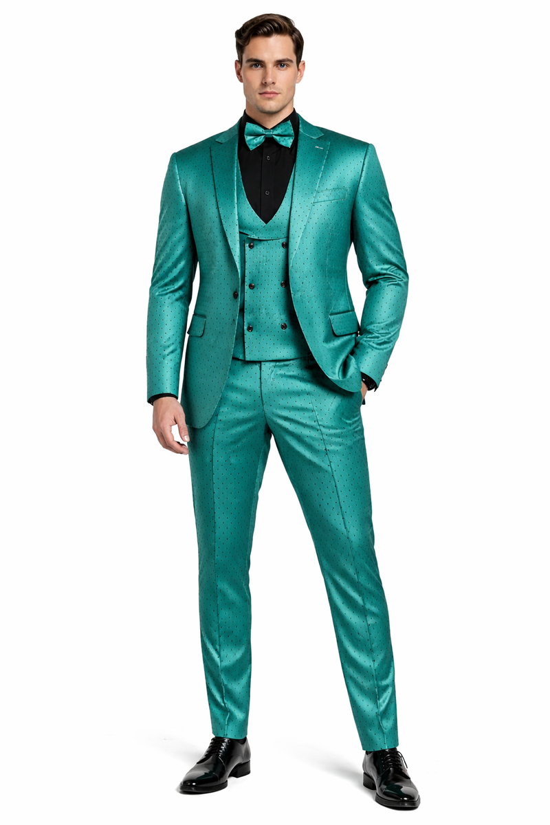 Men's Teal Green Polka Dot Tuxedo with Matching Vest and Bow Tie