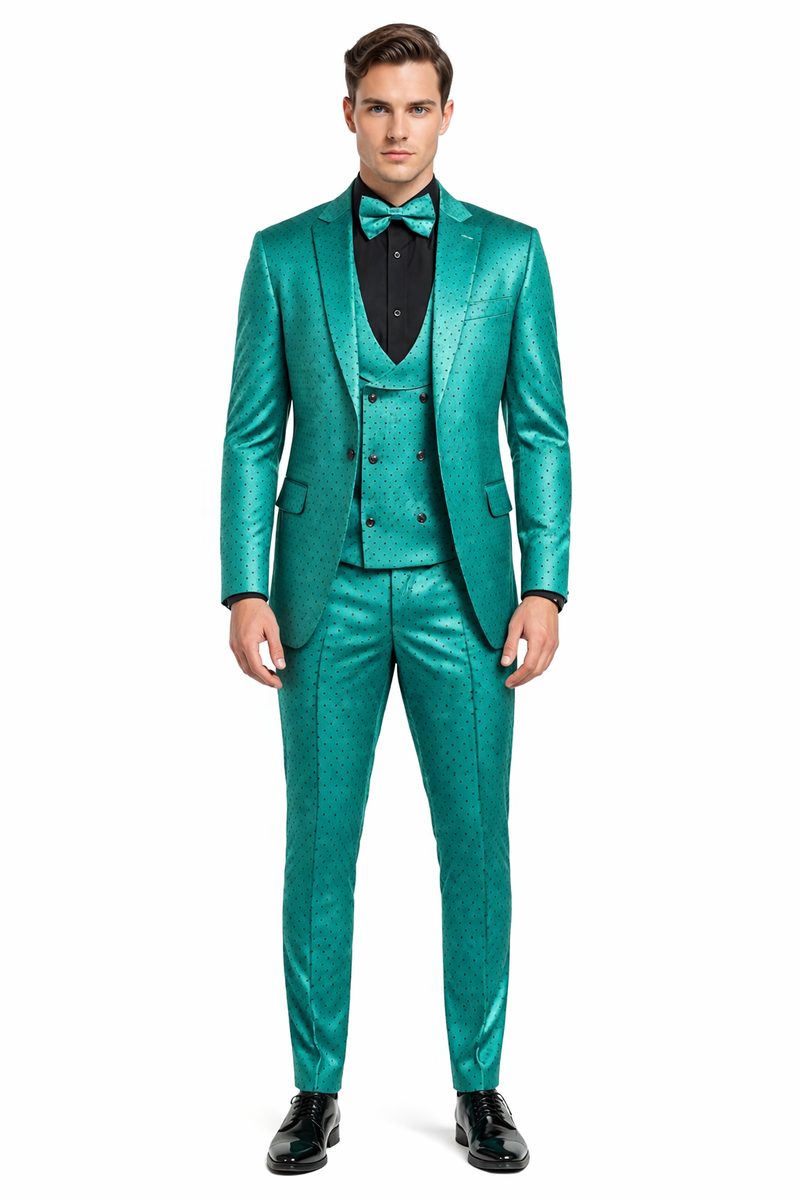 Men's Teal Green Polka Dot Tuxedo with Matching Vest and Bow Tie
