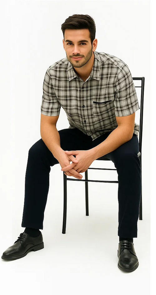 Black and white plaid walking suit for men. Short-sleeved, button-up shirt with pocket. Dark, fitted pants complete the patterned, cohesive ensemble.