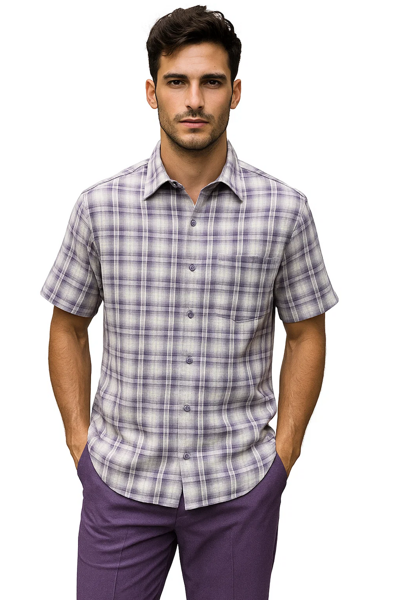 Men's textured plaid walking suit: short-sleeve lavender & off-white button-up shirt with chest pocket. Matching tailored purple trousers. Coordinated, stylish look.