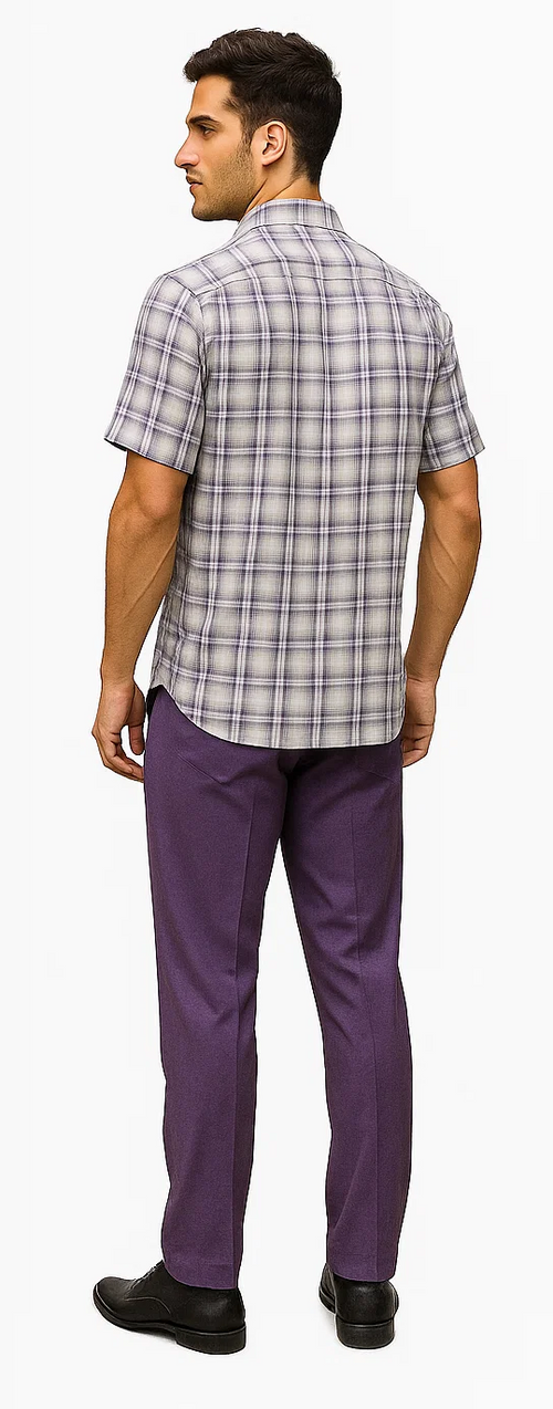 Men's walking suit: short-sleeve lavender/off-white plaid shirt, purple trousers. Shirt: textured plaid, straight hem. Trousers: solid purple, straight cut. Tailored fit. Relaxed style.