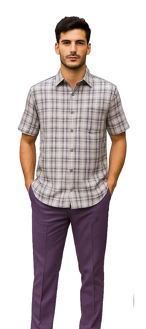 Men's textured plaid walking suit: short-sleeve lavender button-up shirt (white/grey plaid) & tailored lavender pants. Lightweight shirt, structured pants with creases. Color-coordinated.