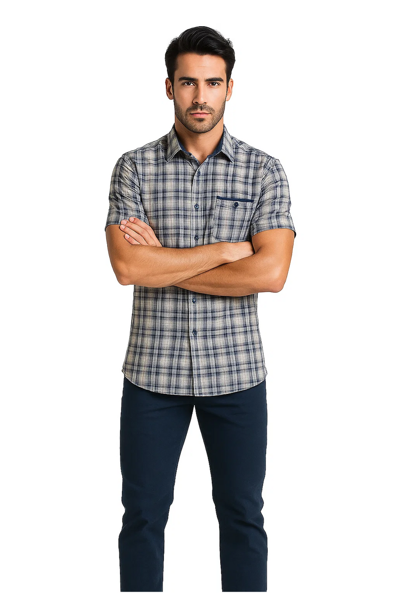 Navy and white men's walking suit. Short-sleeve plaid shirt (pocket) & matching navy pants. Textured plaid shirt, smooth pants, both with a fitted tailored look.