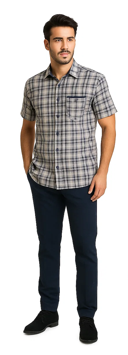 Men's textured plaid walking suit. Navy & white short-sleeve, button-down shirt with a pocket. Checkered pattern. Paired with navy straight-leg pants, smooth & sturdy.