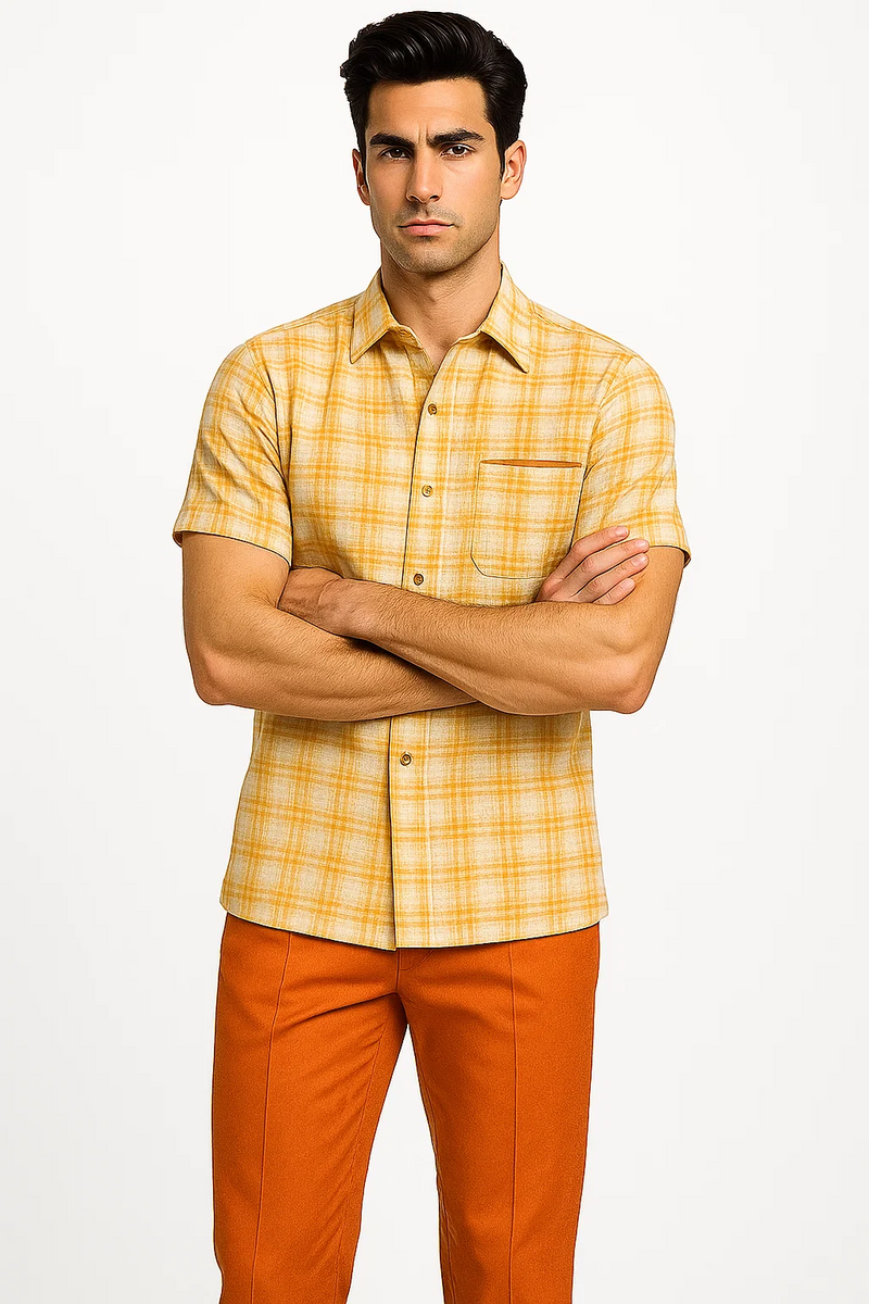 Men's textured plaid walking suit in orange cream. Short-sleeve shirt: yellow/white plaid, button-down, chest pocket. Pants: solid orange, tapered fit. Perfect for summer!