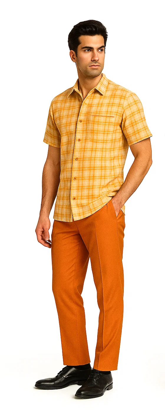 Men's textured plaid walking suit: Orange & cream plaid short-sleeved shirt with chest pocket. Paired with slim-fit orange trousers. Lightweight materials. Perfect for warm weather.