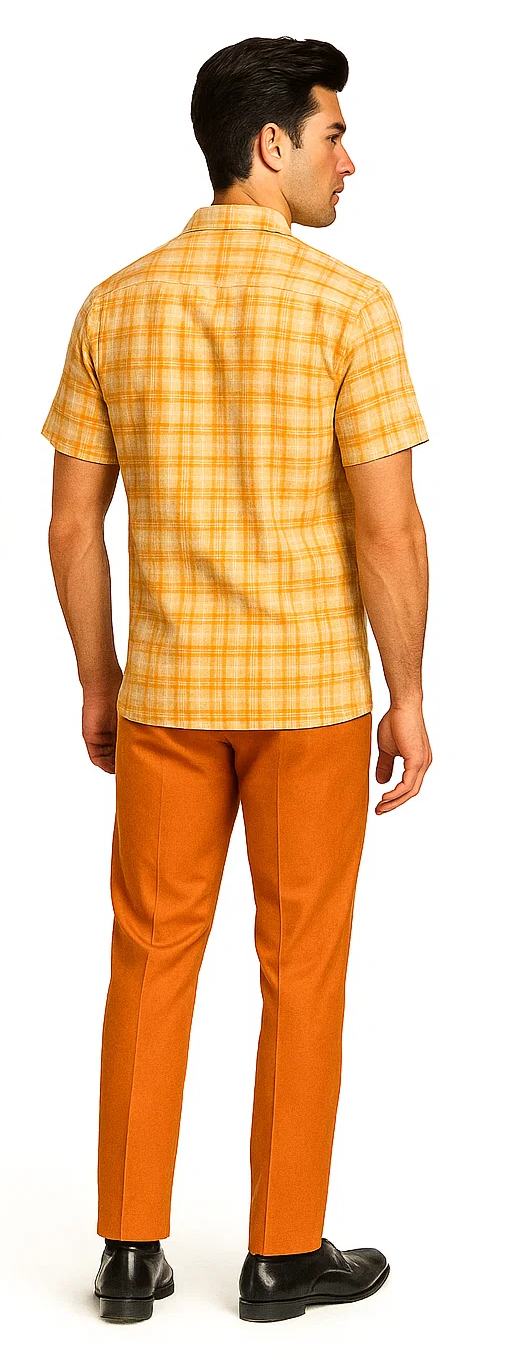 Men's textured plaid walking suit: light orange & cream plaid short-sleeve button-up shirt with collar, straight cut. Matching tailored orange slim-fit pants with smooth texture and side seams.