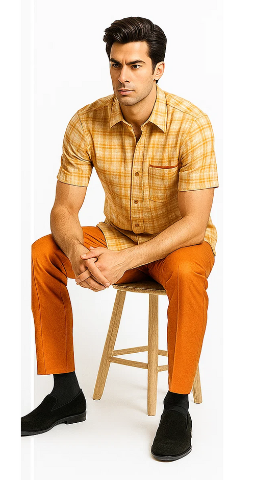 Men's textured plaid walking suit in orange and cream. Short-sleeved, button-down shirt with plaid pattern. Orange, straight-leg trousers. Lightweight fabric. Shirt features a breast pocket.